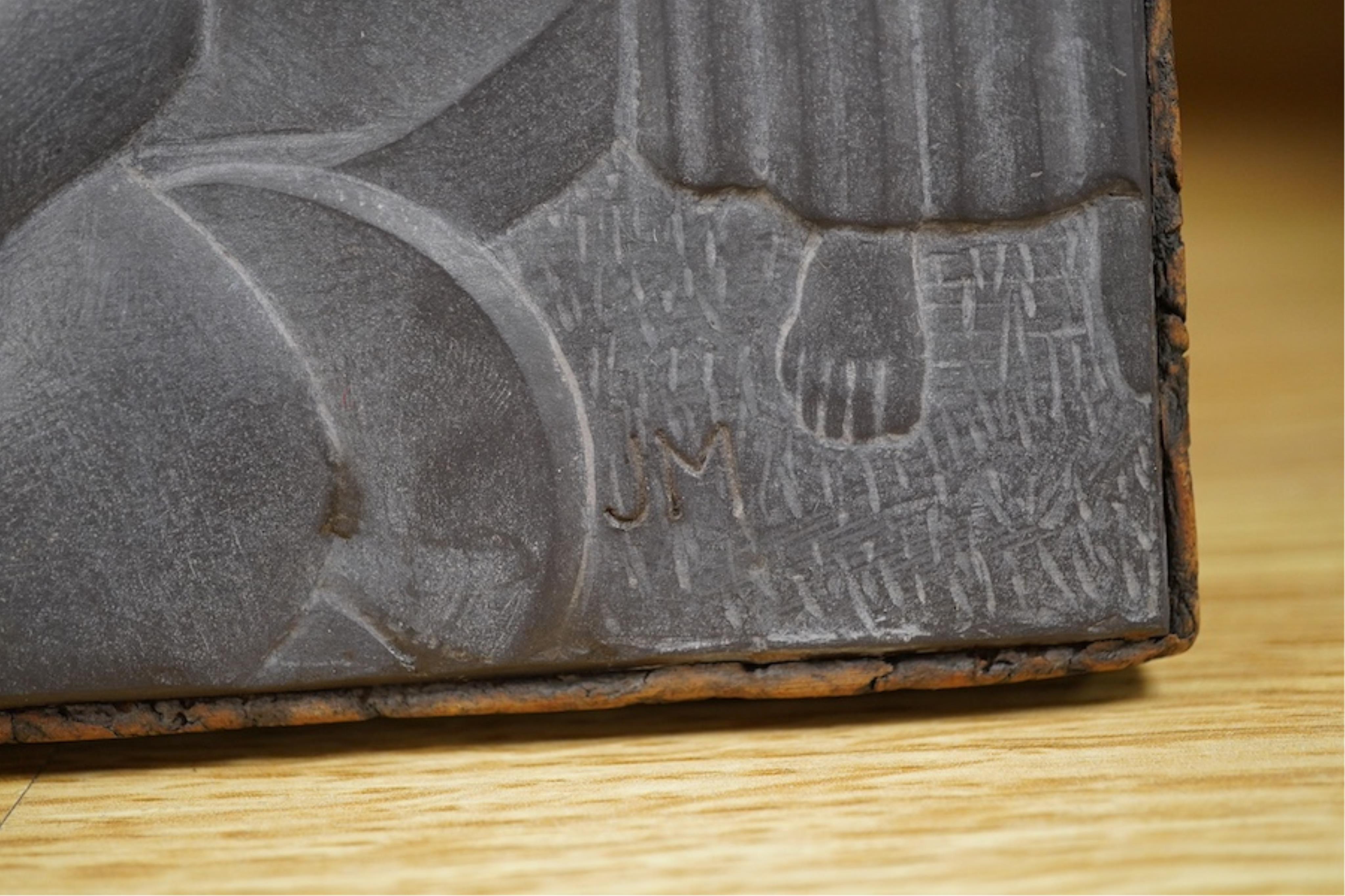 John McKenzie (1897-1972), relief carved slate plaque, ‘Seedtime and Harvest, initialled, inscribed verso, 20 x 16cm. Condition - good